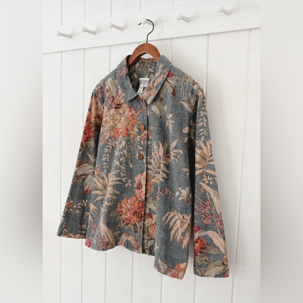 Coldwater Creek Canvas 100% Cotton Floral Jacket Muted Colorful Coastal 2X - Picture 3 of 12